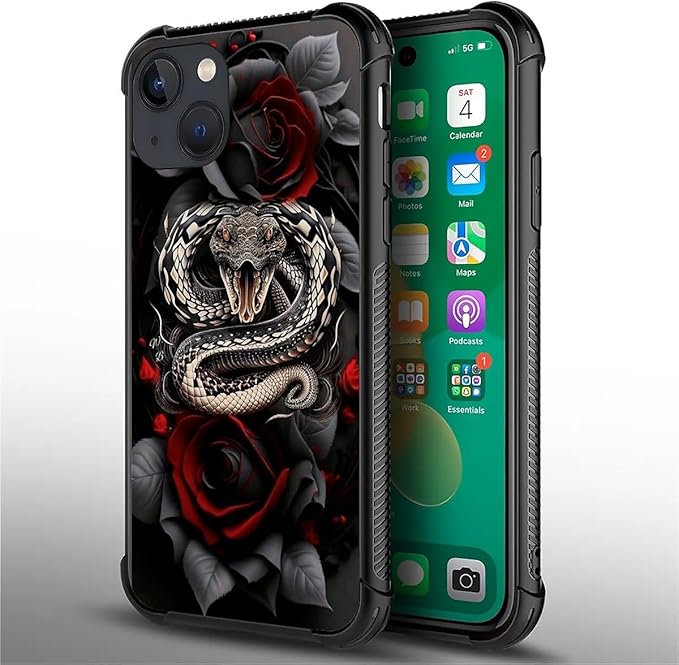 for iPhone 14 Plus Case, Entwined Rose Snake Pattern Graphic Design Girl Boy Soft Silicone Hard Acrylic Shock Protection for iPhone 14 Plus