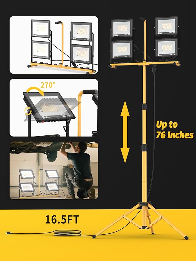 32000 Lumen LED Work Light with Stand & Remote, 4-Head 280W Portable Tripod Light with 16.5FT Cord, 3000K–6000K Adjustable, Waterproof Light for Indoor & Outdoor Job Site Workshop Construction