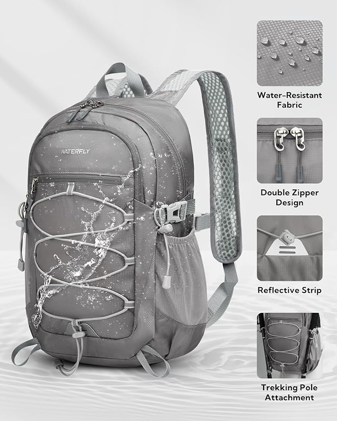 WATERFLY Small Lightweight Packable Backpack: 15L Mini Ultra Light Foldable Travel Daypack with Breathable Shoulder Strap Outdoor Hiking Camping Day Pack for Women Men Gray