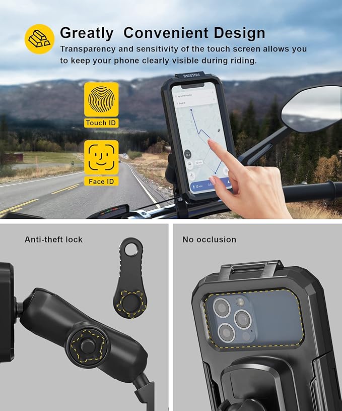 iMESTOU Waterproof Rearview Mirror Phone Mount, Motorcycle 1" Ball Phone Holder with Anti-Theft Double Socket Arm &Aluminum Ball Base 360° Rotation Fits for 3.5"-6.1" Cellphones (Size S)