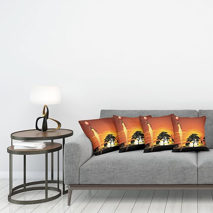Ambesonne Elephant Throw Pillow Cushion Case Pack of 4, Woman and Wild Landscape with Animals, Modern Accent Double-Sided Digital Printing, 18", Orange Black