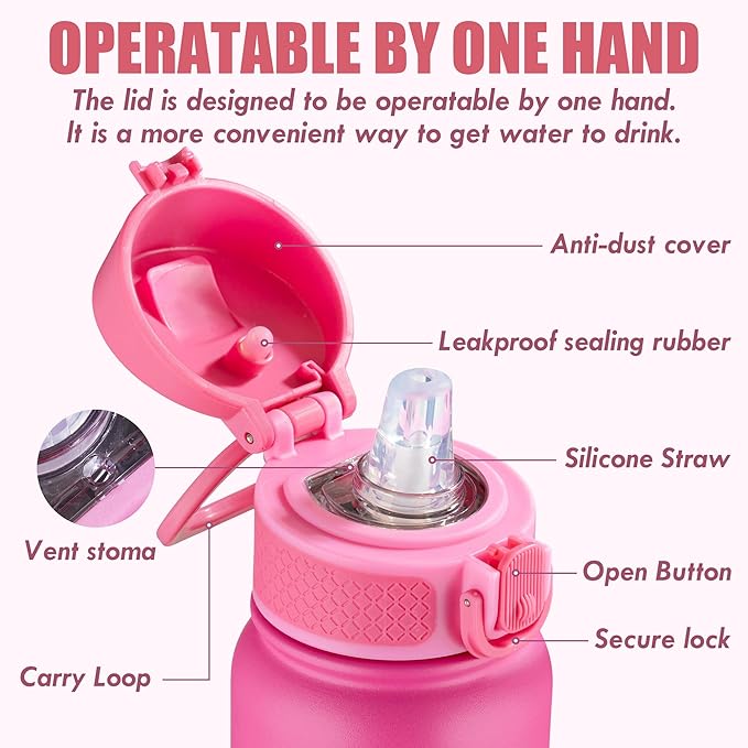 OLDLEY 12oz kids Water Bottle, Stainless Steel Insulated Water Bottle For Kids, With Straws Leak-proof, Kids Water Bottles For School Boys Girls,Pink