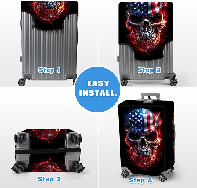 Luggage Cover Protector for 30-32 Inch Suitcases, TSA Approved Elastic Travel Suitcase Covers, Anti-Scratch Washable Luggage Sleeve for Carry On & Checked Bags, Skull American Flag
