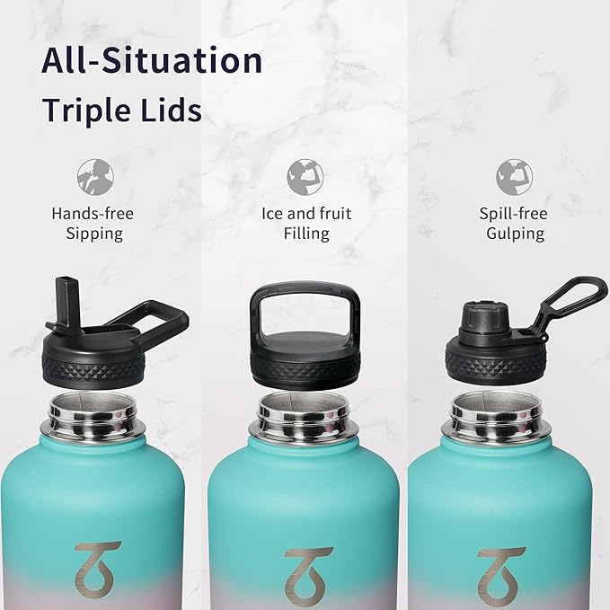 Trebo Water Bottle Insulated with Lid and Straw, Triple Wall Vacuum Stainless Steel Metal Tumbler Sports Flask with Paracord Handle, Keep Cold 48 Hours Water Cup with 3 Lids, Hydrangea