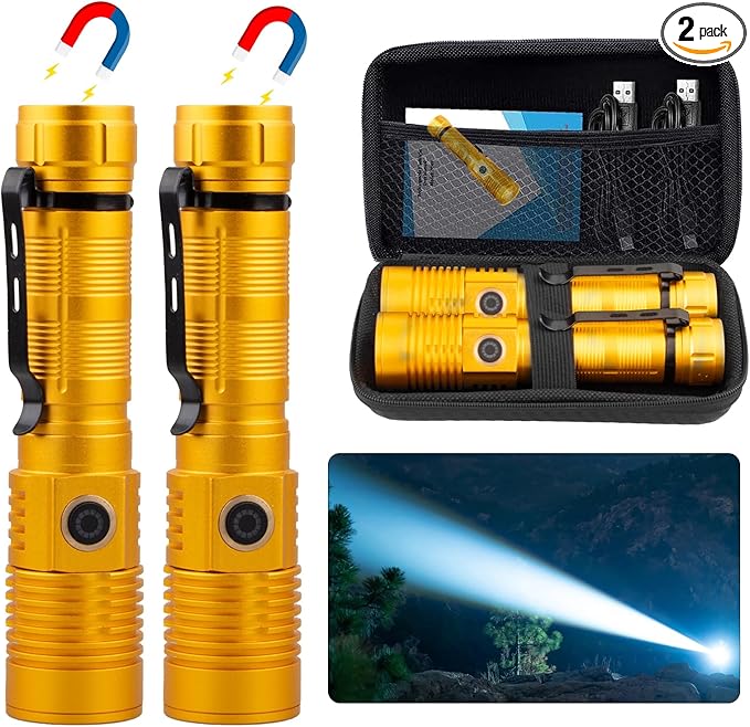Hoxida Small Tactical Flashlights High Lumens - 1500 Meters Long Beam Super Bright LED Magnetic Flashlight USB Rechargeable Zoomable 5Modes Long Beam Spotlight Flashlight for Hiking, Camping-Gold