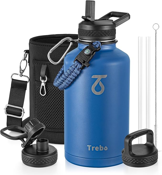 Trebo Water Bottle 64oz with Paracord Handle, Half Gallon Large Vacuum Triple Wall Stainless Steel Insulated Water Jug with Holder Strap Straw Spout Lids, Leakproof Keep Cold & Hot,Classic Blue