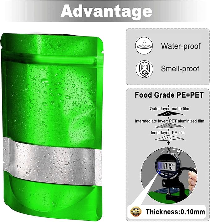 6.3"x9.5" 120pcs Mylar Bags for Food Storage,Smell Proof Bag with Matte Window Resealable Food Storage Bags for Small Business, Stand-up Foil Pouch Packaging Freeze Dried Candy Bag （Green）