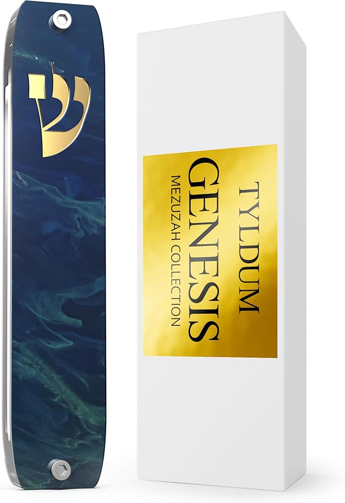 Genesis Mezuzah for Door – Modern Acrylic Mezuzah Case Without Kosher Scroll – Handmade in Canada Judaica Gift, Weatherproof, Jewish Artisan Design, Clear Case (Classic, Deep Sea)