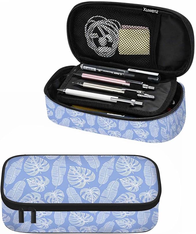 Blue Leaves Pencil Case Tropical Palm Summer Nature Tree Exotic Pencil Bag Pen Markers Pouch Holder Organizer for Boy Girl School Students