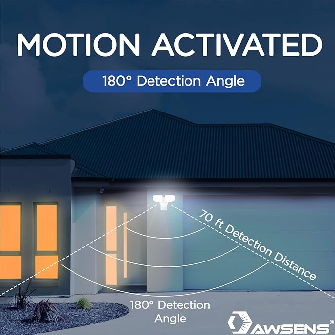 30W LED Motion Sensor Security Light Outdoor, 180 Degree, 2600 LM, 5100 K, ETL Water Resistant, 2 Head Adjustable Motion Sensor Outdoor Detector Light for Patio, Garage, Porch (White)