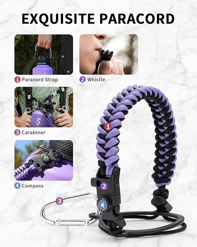 Trebo Water Bottle 64oz with Paracord Handle, Half Gallon Large Vacuum Triple Wall Stainless Steel Insulated Water Jug with Holder Strap Straw Spout Lids, Leakproof Keep Cold & Hot,Dark Purple