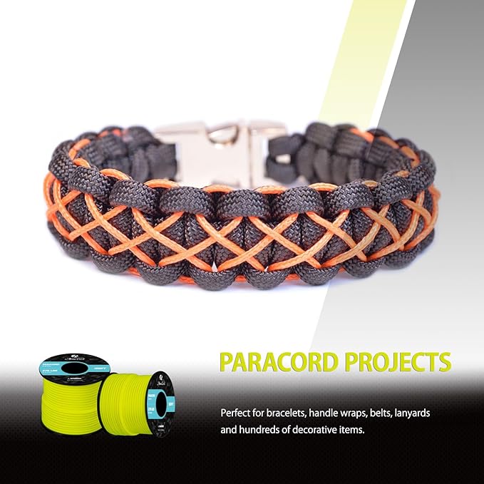 Abma Cord 2.4mm Paracord 275 100ft Nylon Rope 4 Strands Tactical Parachute Cord - Max. 275lbs - Neon Yellow