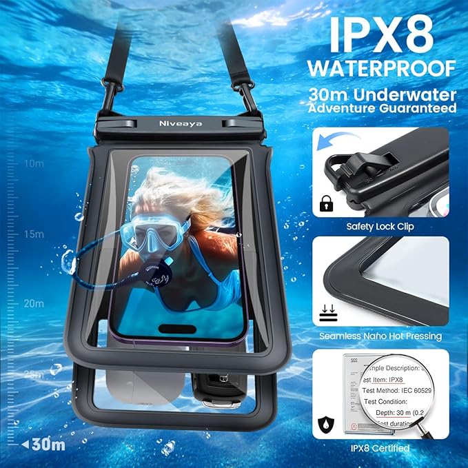 Niveaya Double Space Waterproof Phone Pouch - 2 Pack, Waterproof Phone Lanyard Case with iPhone 17/16/15/14/13 Pro Max up to 8.3", Phone Dry Bags for Vacation Beach Pool Kayak Cruise Travel Essentials