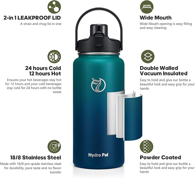 64oz Half Gallon Insulated Water Bottle with 2-in-1 Lid (Chug & Straw), Double Walled Vacuum Stainless Steel Water Bottles, Wide Mouth Leakproof Insulated Jug with Straw