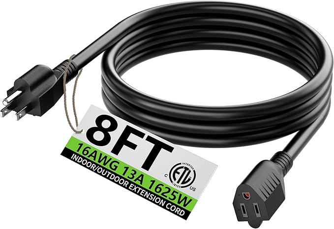 HUANCHAIN 8 FT 16 Gauge Black Indoor Outdoor Extension Cord Waterproof, Flexible Cold Weather 3 Prong Electric Cord Outside, 13A 1625W 125V 16AWG SJTW, ETL Listed