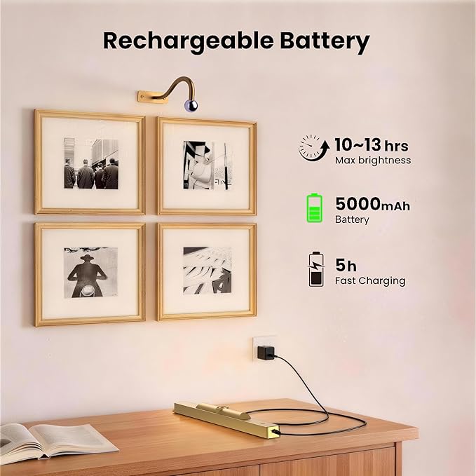Wireless Picture Light Battery Operated, 16in Picture Light for Wal, 2Pack Rechargeable 5000mAh Battery Wall Sconce for Wall Pictures, Gallery Artwork, Paintings, Portraits, Dartboards_Antique Gold