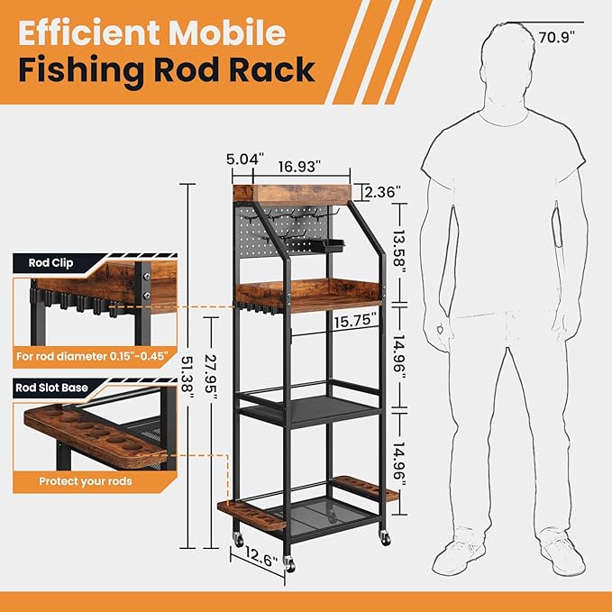 Fishing Rod Holder for Garage with Hooks & Pegboard, 3-Tier Fishing Pole Rack Holds 12 Rods, Rolling Fishing Rod Storage Organizer with Wooden Tool Box, Fishing Tackle Shelf for Anglers