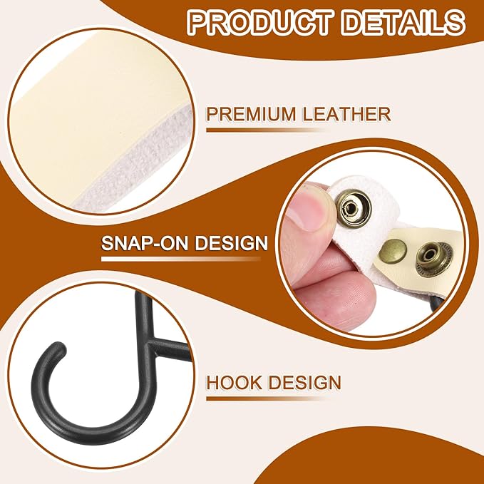 uxcell 5pcs PU Leather Hooks, Leather Straps with Hooks, S-Shape Hooks for Outdoor Camping Hanging Pots Pans Utensils Beige
