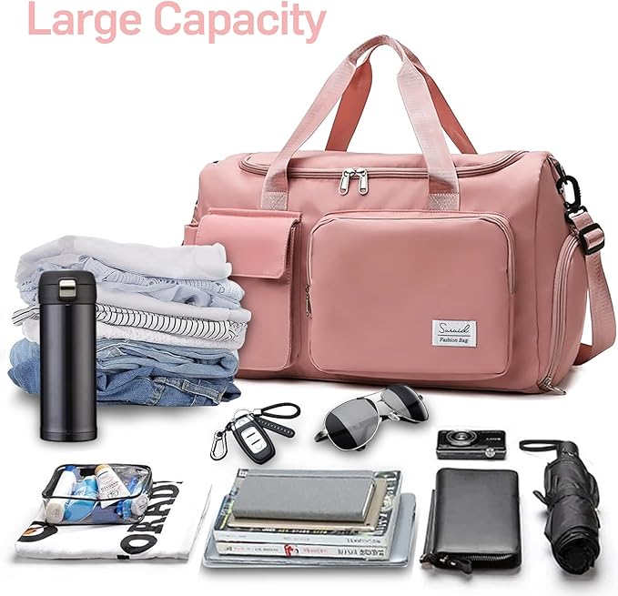 Suruid Travel Yoga Duffel Bag with Shoes Compartment Sports Gym Handbag with Dry Wet Separated Pocket for Training Men and Women, Overnight /Weekender Bag - Pink