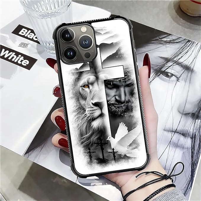 for iPhone 16 Pro Max Case, Lion Cross Jesus Christ Dove Pattern Graphic Design Girl Boy Soft Silicone Hard Acrylic Shock Protection for iPhone 16 Pro Max