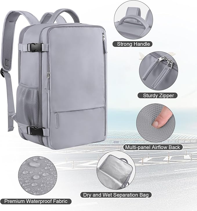 Sinaliy Travel Backpack for Women & Men, 40L Carry-On, 17-Inch Laptop, Waterproof, College Bookbag, Flight Approved