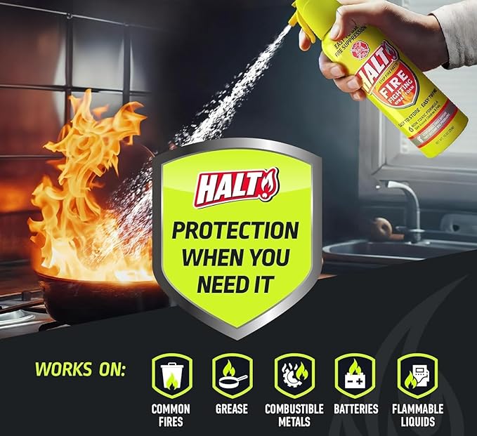 HALT! Home & Apartment Fire Defense Kit – Includes x2 10oz Fire Fighting Foam Sprays, Emergency Fire Blanket, Large Fireproof Document Bag, Small Waterproof Travel Fire Safety Bundle