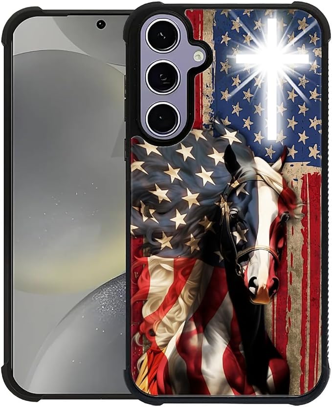 for Samsung Galaxy S24 S25 Case, Red American Flag Horse Cross Pattern Graphic Design Girl Boy Soft Silicone Hard Acrylic Shock Protection for Samsung Galaxy S24 S25