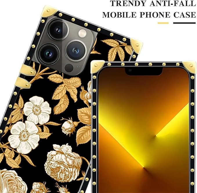 Compatible with iPhone 13 Pro Max Case, Blooming Rose Golden Flower Luxury Golden Decoration for Girl Women Soft TPU Shockproof Protective Hard PC Back for iPhone 13 Pro Max