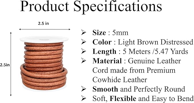 GENIQUE Real/Genuine Round Leather String Cord for Necklace, Bracelets, Jewellery, Braiding (Light Brown Distressed, 5mm)