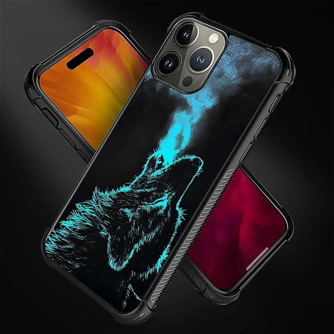 for iPhone 16 Pro Max Case, Blue Breathing Wolf Pattern Graphic Design Girl Boy Soft Silicone Hard Acrylic Shock Protection for iPhone 16 Pro Max