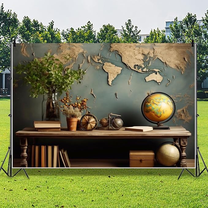 7x5ft Vintage World Map Backdrop Wooden Desk Globe Photography Background Study Room Office Bookcase Books for Video Conference Zoom Meeting Graduation Party Cake Table Banner Photo Booth Props