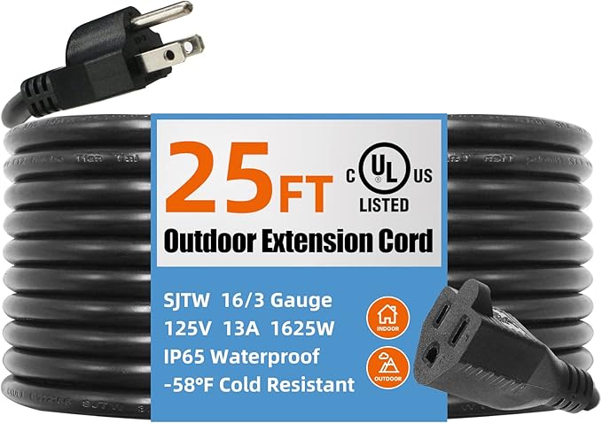 UL Listed Outdoor Extension Cord 3 Prong 25 FT SJTW 16/3 Gauge 13A 125V 1625W, Black Outdoor Extension Cord Waterproof, Flame & Cold Retardant,Water & Weather Resistant
