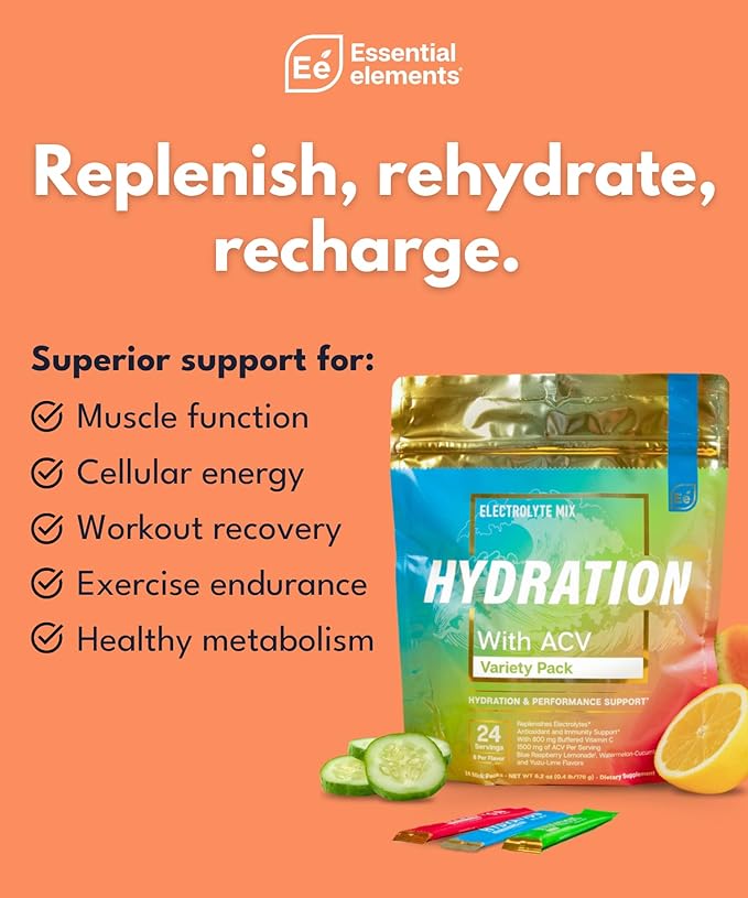 Essential Elements® Hydration Packets - Variety Pack - Electrolytes Powder No Sugar - Electrolyte Drink Mix - Superior Hydration with ACV & Vitamin C - 48 Stick Packs