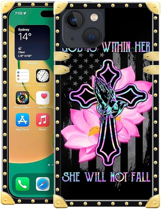 Compatible with iPhone 14 Case, Praying Cross Hands Luxury Golden Decoration for Girl Women Soft TPU Shockproof Protective Hard PC Back for iPhone 14