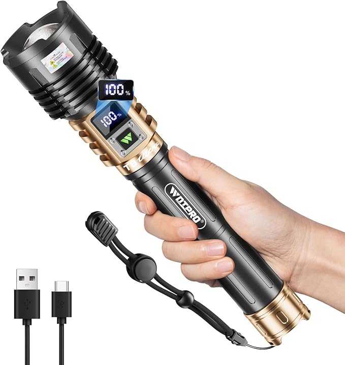 WdtPro Rechargeable LED Flashlights High Lumens, Super Bright 90000LM Rechargeable Flashlight with LCD Display, 5 Modes & Waterproof Powerful 10000mAh Handheld Flashlight for Camping Emergency Gold