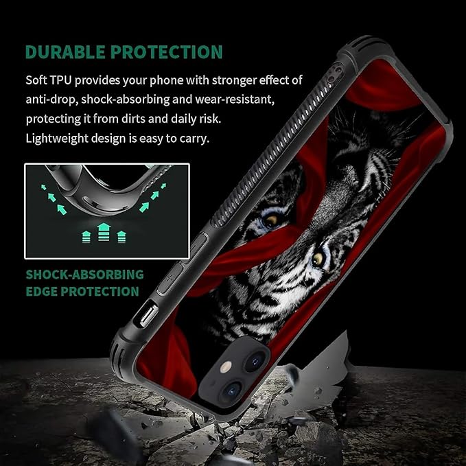 for iPhone 12/12 Pro Case, Red Ribbon Tiger Pattern Graphic Design Girl Boy Soft Silicone Hard Acrylic Shock Protection for iPhone 12/12 Pro