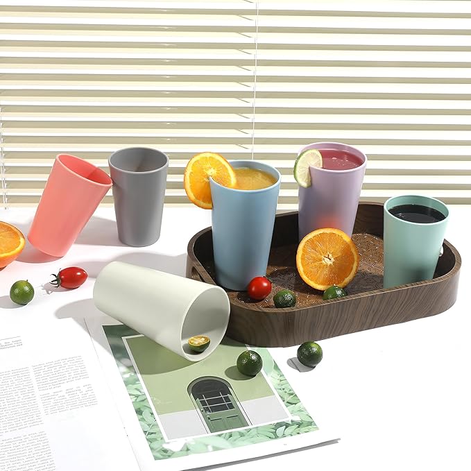 HEYCOME 24 Pcs Unbreakable Plastic Cups Set, 12 Pcs 14 oz and 12 Pcs 20 oz Reusable Plastic Cups, Stackable Water Tumblers, Drinking Cup for Kitchen, BPA-free, Dishwasher and Microwave Safe, 6 Colors