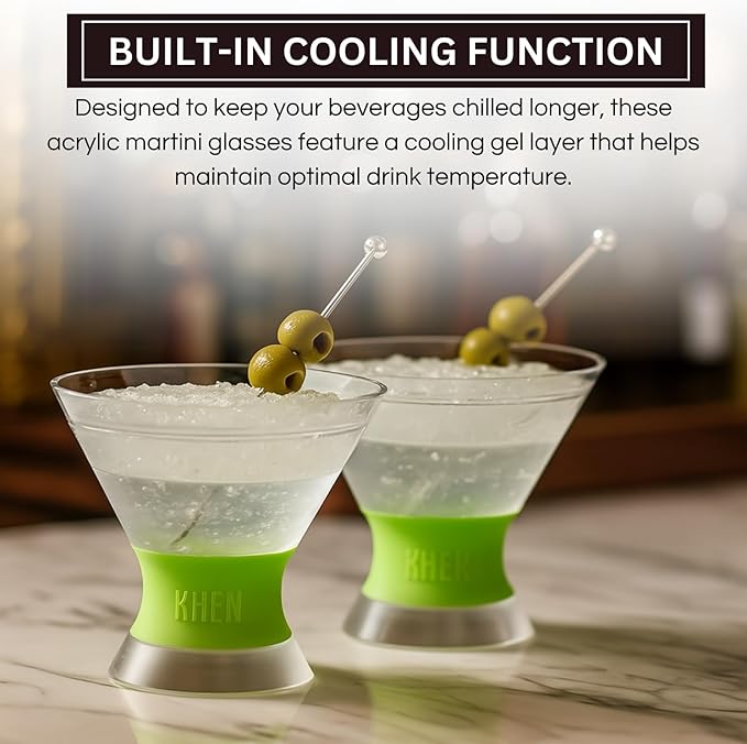 Cooling Martini Glasses Set of 2 – 10oz Freezer Gel Cocktail Cups – Double Wall Insulated Shatterproof Plastic – Active Cooling Drinkware for Margaritas, Cosmopolitans, Pool Parties, Home Bar & Gift