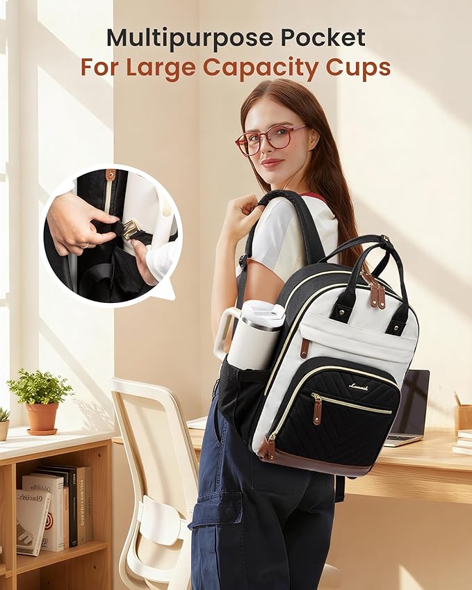 LOVEVOOK Laptop Backpack for Women with Giant Tumbler Holder Pocket,17.3 inch School College Book Bag Nurse Teacher Backpack,Waterproof Work Travel Backpack Purse Laptop Computer Bag,Beige-Black-Brown