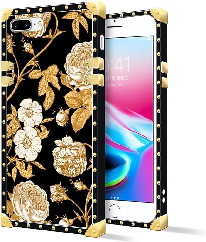 Compatible with iPhone 8 7 SE Case, Blooming Rose Golden Flower Luxury Golden Decoration for Girl Women Soft TPU Shockproof Protective Hard PC Back for iPhone 8 7 SE
