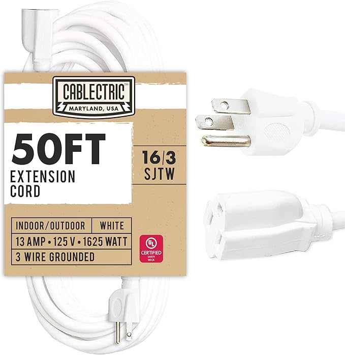 50 Foot Outdoor Extension Cord - 16/3 SJTW White 16 Gauge Electrical Cable with 3 Prong Grounded Plug