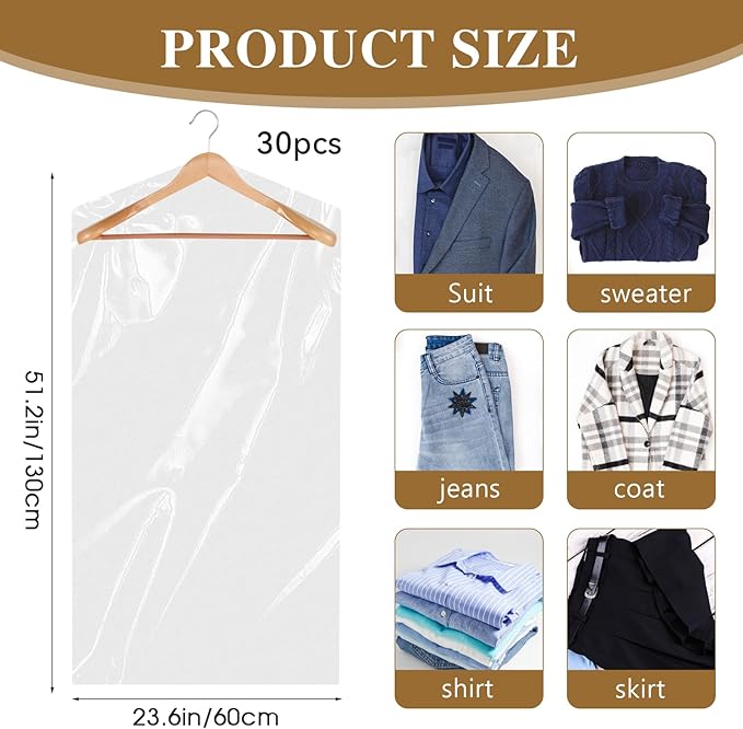 30 Pack Clear Dress Covers for Hanging Plastic Garment Bags 23.6 x 51.2 Inch Transparent Dry Cleaning Bags Dust-proof Garment Covers for Dry Cleaner, Home Storage, Travel