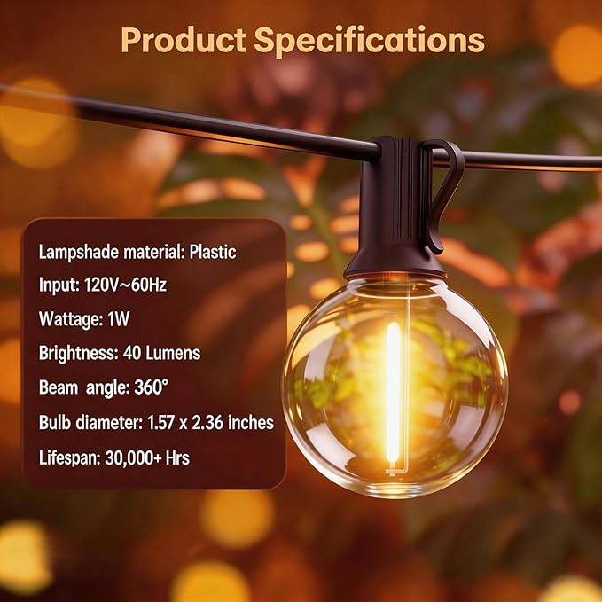 RTTY Outdoor String Lights 25 FT, G40 Led Patio Globe Lights with 13pcs Plastic Bulbs, Shatterproof Waterproof Connectable Hanging for Porch Cafe Bistro Backyard Gazebo Balcony Deck Party