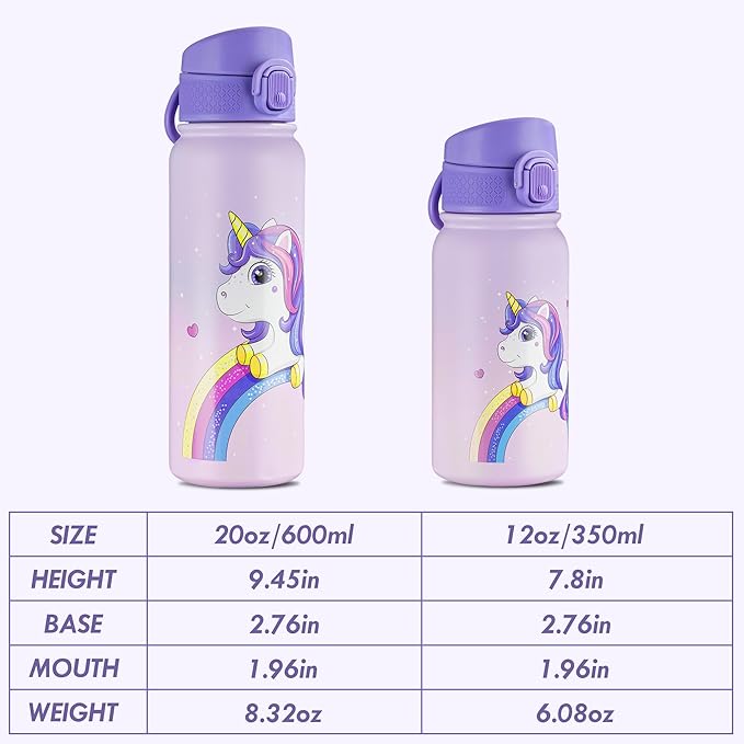 OLDLEY 12oz Kids Water Bottle, Stainless Steel Insulated Water Bottle For Kids, With Straws Leak-proof, Kids Water Bottles For School Boys Girls,Magic Unicorns
