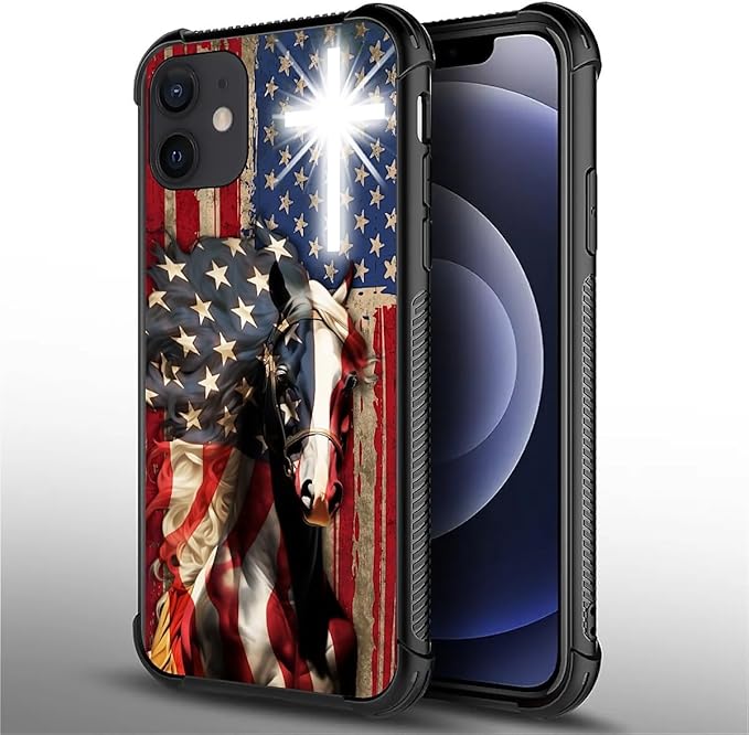for iPhone 12/12 Pro Case, Red American Flag Horse Cross Pattern Graphic Design Girl Boy Soft Silicone Hard Acrylic Shock Protection for iPhone 12/12 Pro