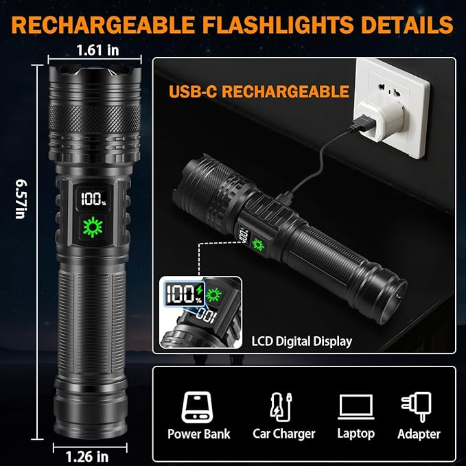 6Pack Rechargeable Flashlights High Lumens, LED Flashlight Rechargeable with LCD Digital Display, 5Modes Adjustable Flash Light, Super Bright Flashlight Powerful, Tactical Flashlights for Home