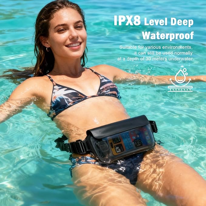 Waterproof Waist Bag, Passport Wallet Tote, IPX8 Waterproof Rating, Underwater-Use Phone Pouch, TUP Dry Bag, Ideal for Diving, Swimming, Kayaking (2-Pack Set in Black)