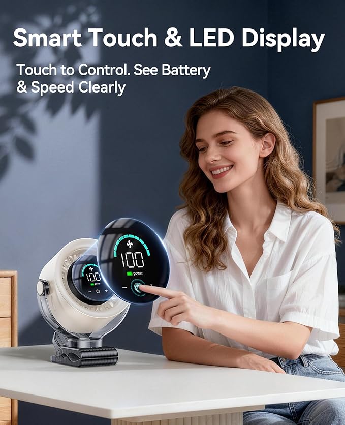 KIMMOO 4000mAh Rechargeable Portable Clip on Fan-100-Speed Touch Control, LED Display, 360° Rotate Quiet Turbo Desk Fan, Small Battery Operated USB Fan for Stroller Bed Travel Camping Golf Gym (White)
