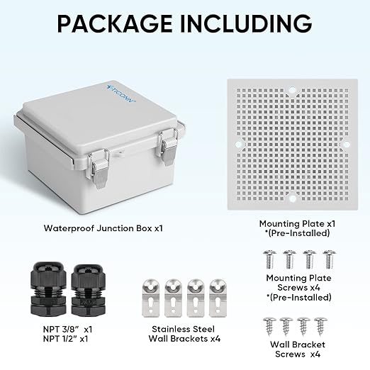 TICONN Waterproof Electrical Junction Box IP67 ABS Plastic Enclosure with Hinged Cover with Mounting Plate, Wall Brackets, Cable Glands (Off-White, 5.9"x5.9"x3.5")
