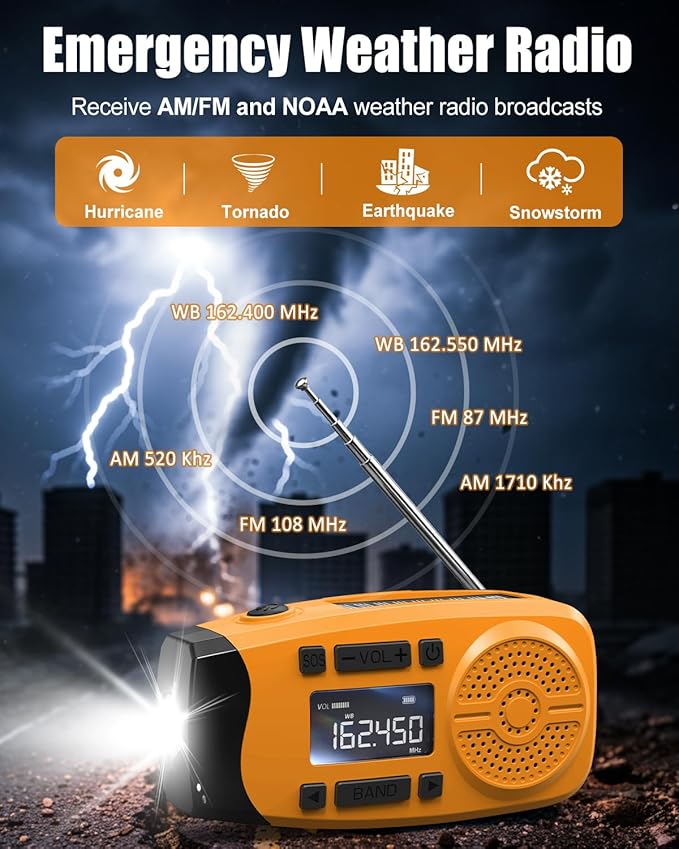 Runningsnail Emergency Weather Radio, 7400mWh Hand Crank Emergency Radio with LCD Display, Support Weather Alert Radio, USB/Solar/Hand Crank,1W Flashlight&SOS Alarm for Outdoor&Home Emergency (Orange)